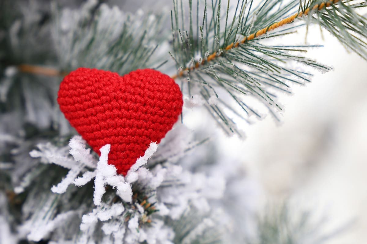 A red knitted hear in a snowy pine tree